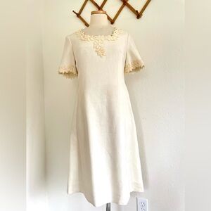 Vintage Ivory Cotton Shift Dress Handmade Embroidery Rhinestones